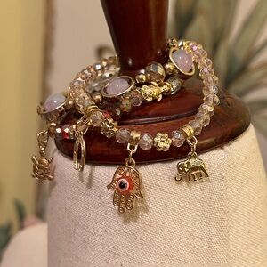 3 Piece Gold and Pink Charm Bracelet Set New